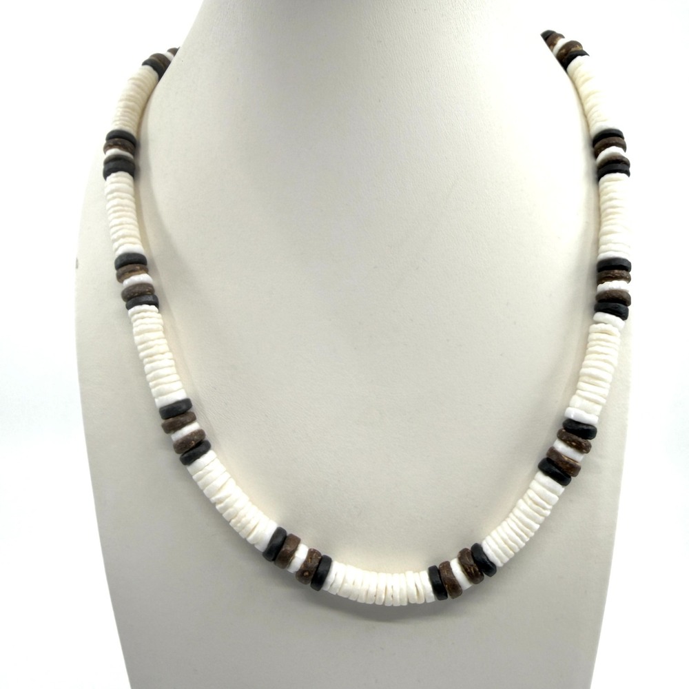 Boho Surf Necklace White Black Wood Disc Beads Layering Summer Beach Surf Style